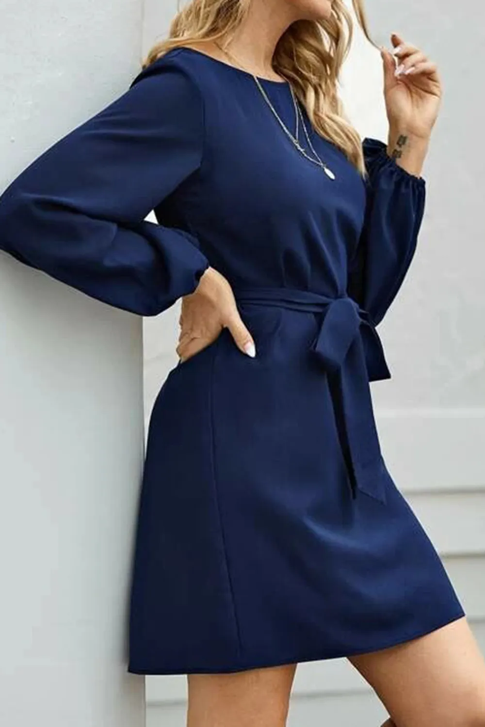 Tied Boat Neck Balloon Sleeve Mini Dress, image 26
