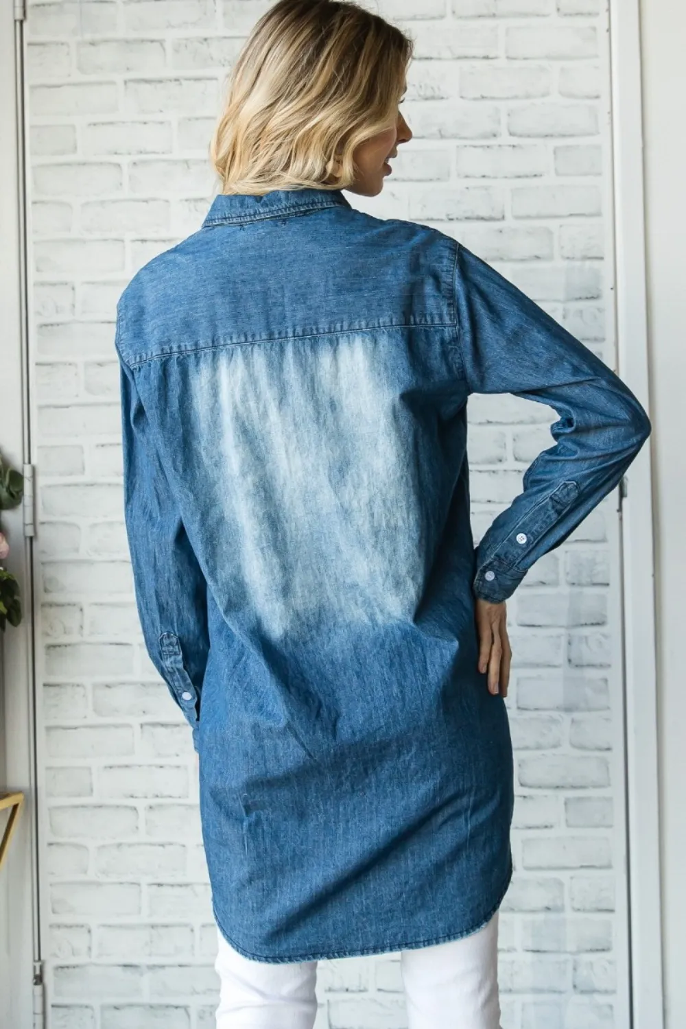 Pocketed Button Up Washed Denim Shirt, image 2