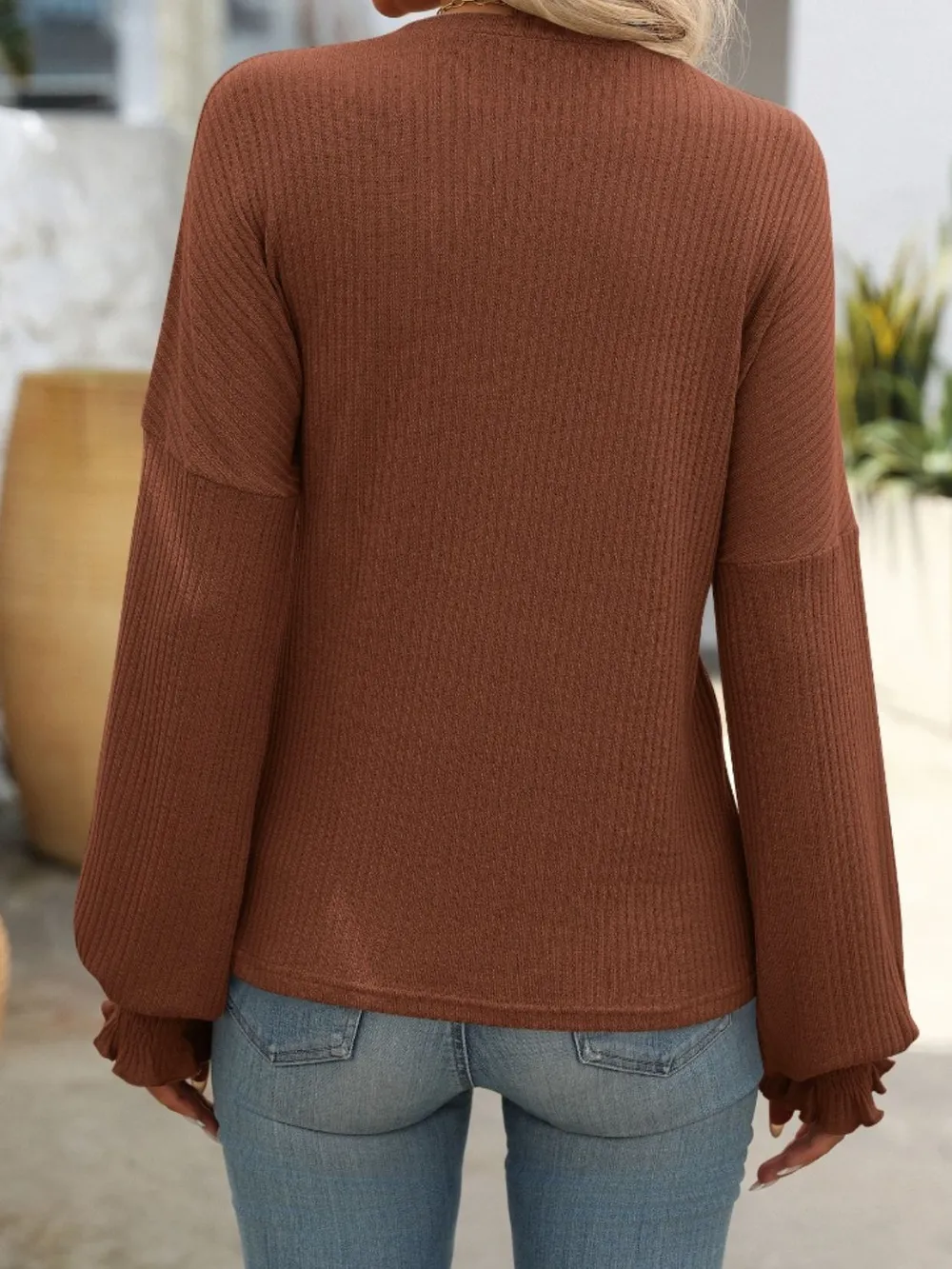 Ribbed Round Neck Long Sleeve T-Shirt, image 16