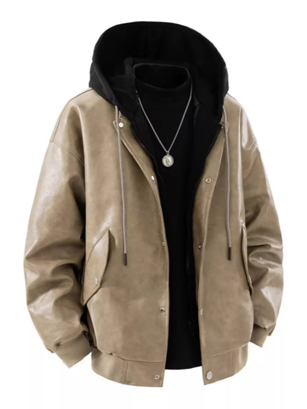Men's Plus Size Hooded Faux Leather Moto Jacket, image 4