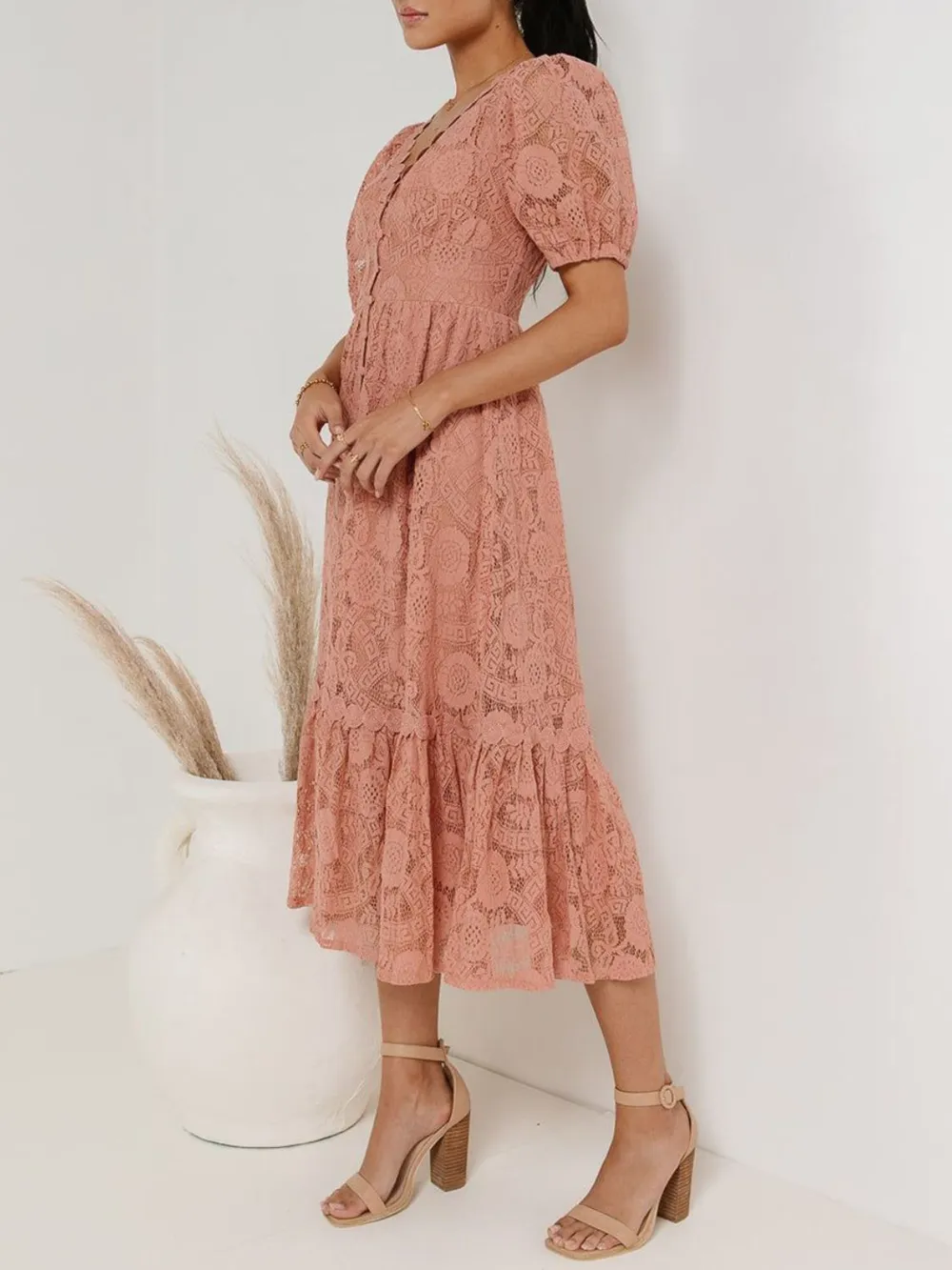 Lace V-Neck Short Sleeve Dress, image 9