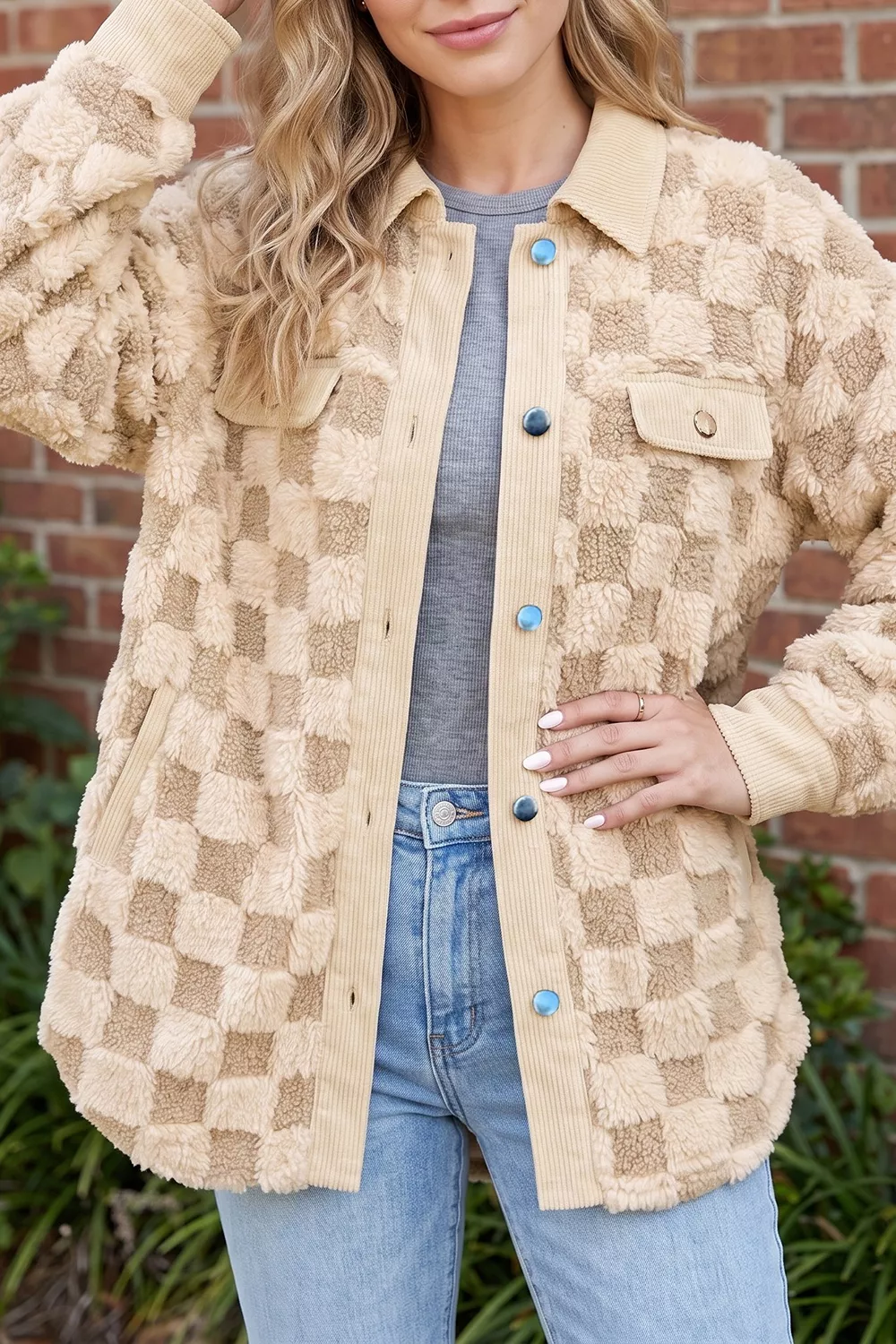 Plush Checkered Corduroy Trim Metal Button Long Sleeve Shift Silhouette Shacket, image 5