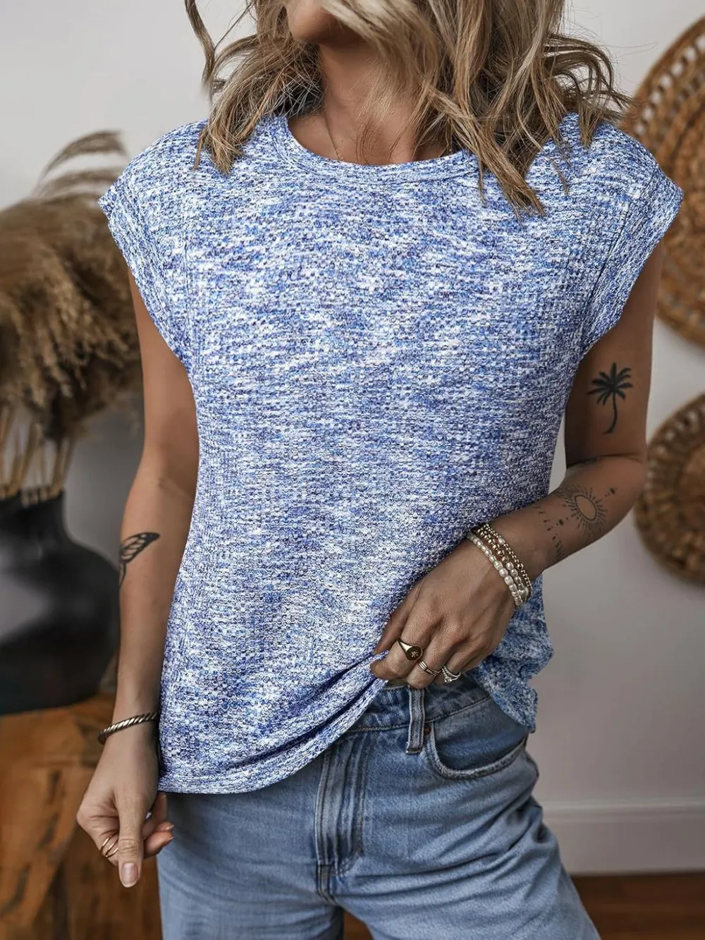 Round Neck Knit Cap Sleeve Top, image 5