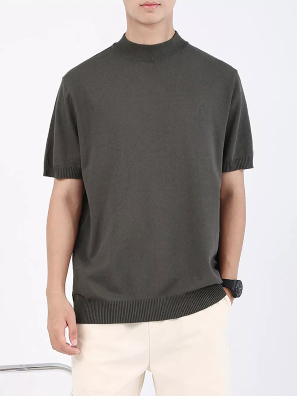 Men's Plus Size Mock Neck Knitted T-Shirt, image 3