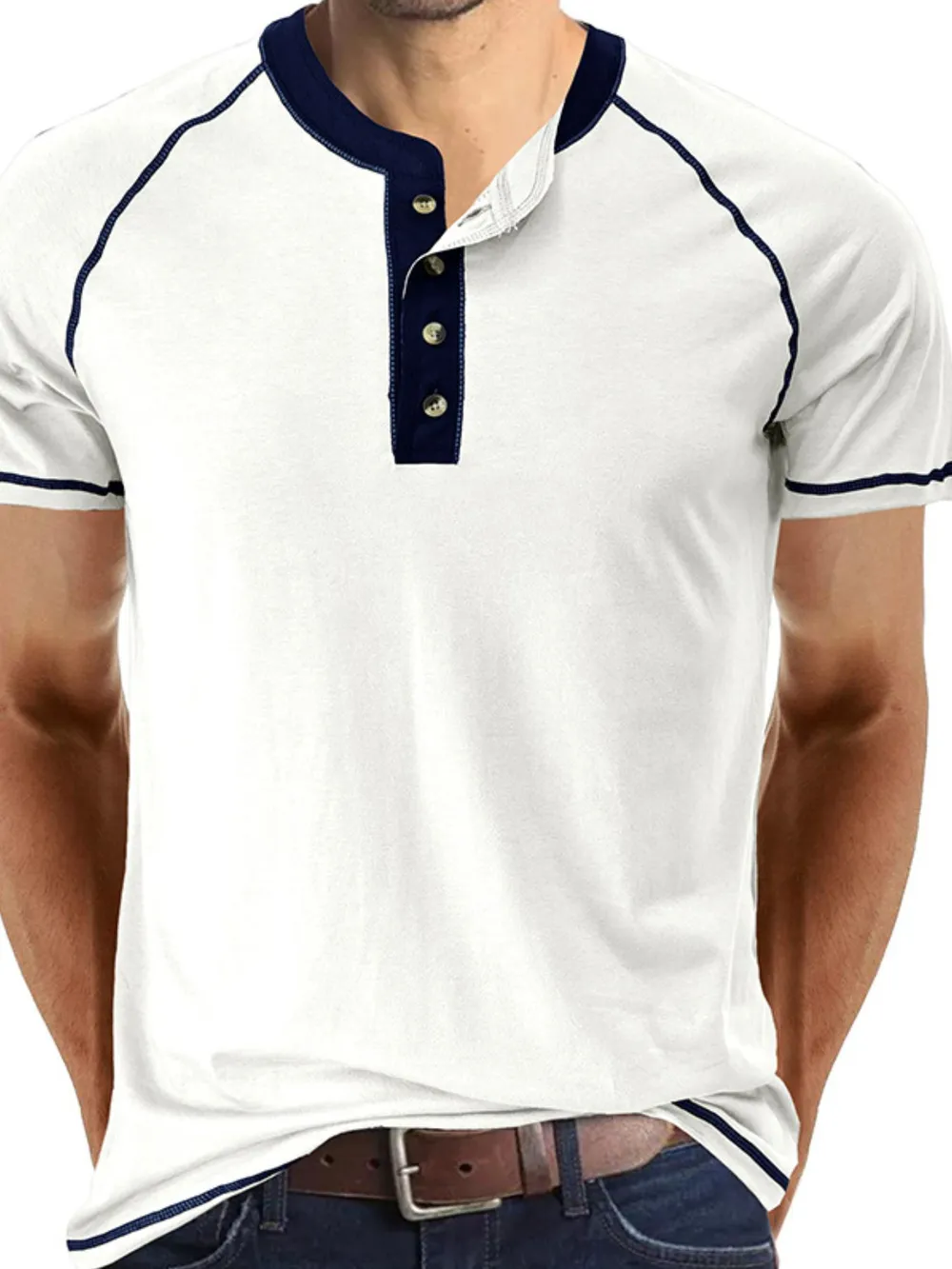 Men's Contrast Trim Henley Polo Shirt, image 8