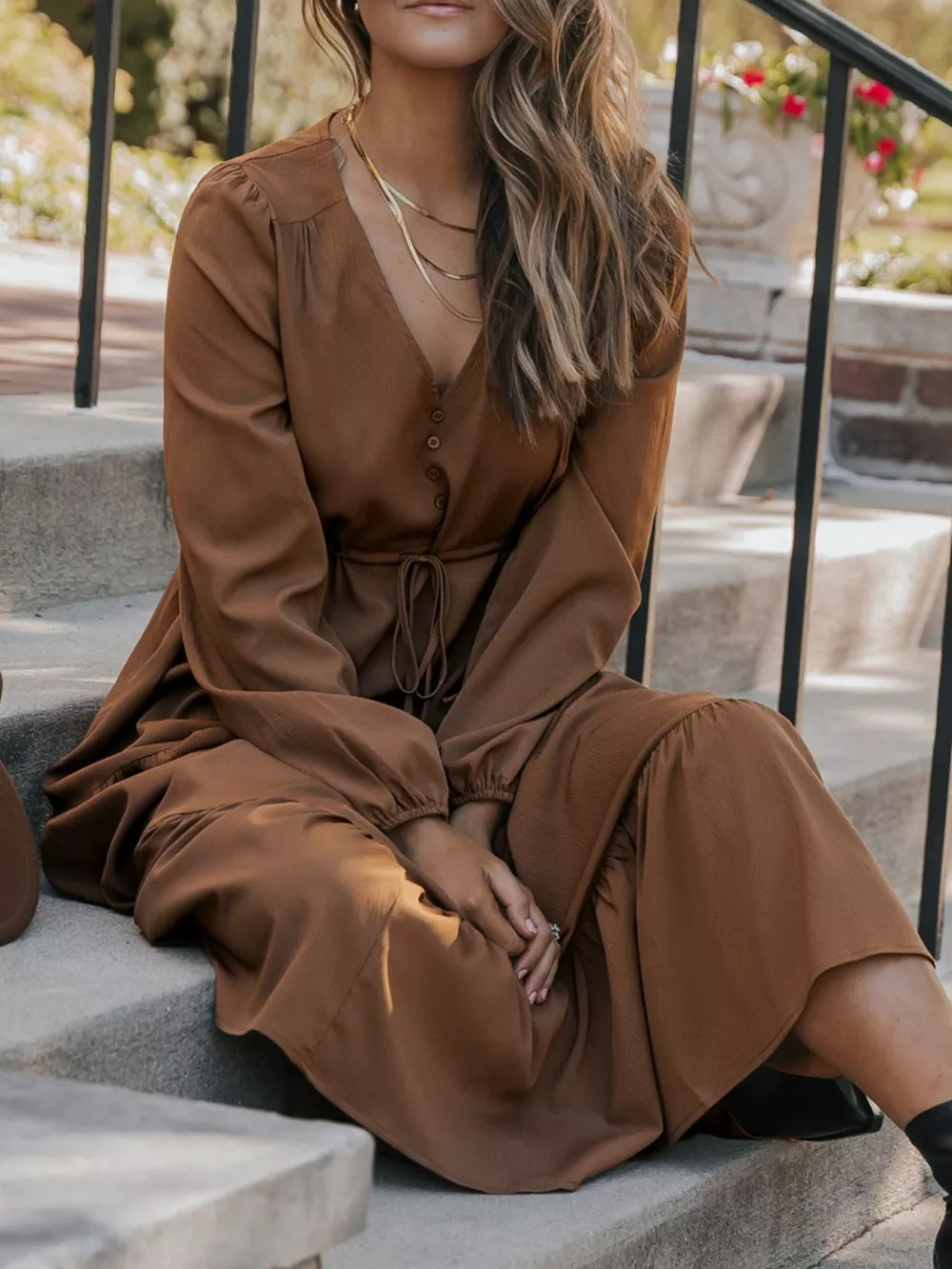 V-Neck Balloon Sleeve Tiered Dress, image 6