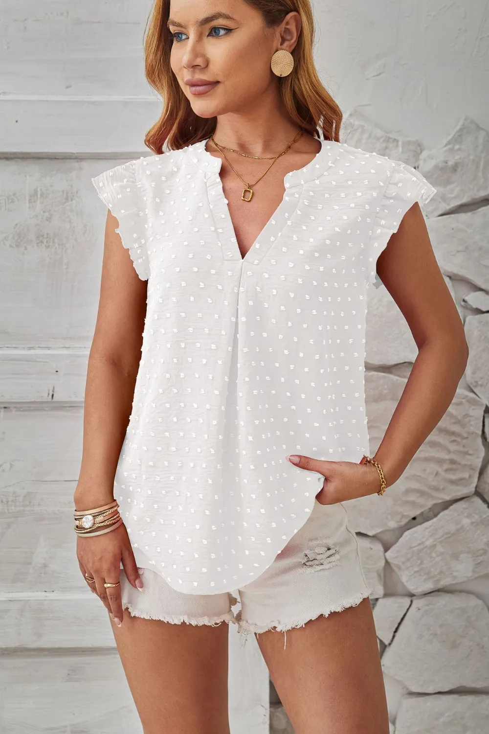 Swiss Dot Ruffled Cap Sleeve T-Shirt, image 10