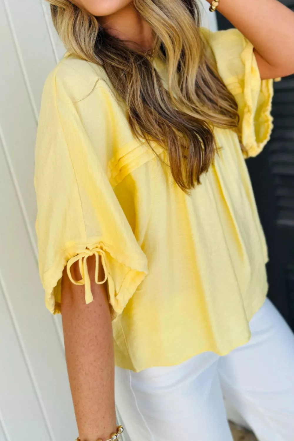 Tie Half Sleeve Pleated Detail Babydoll Blouse, image 3