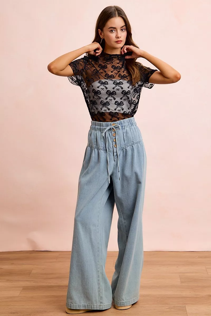 High Neckline Short Sleeves Bow Pattern Mesh Top, image 12