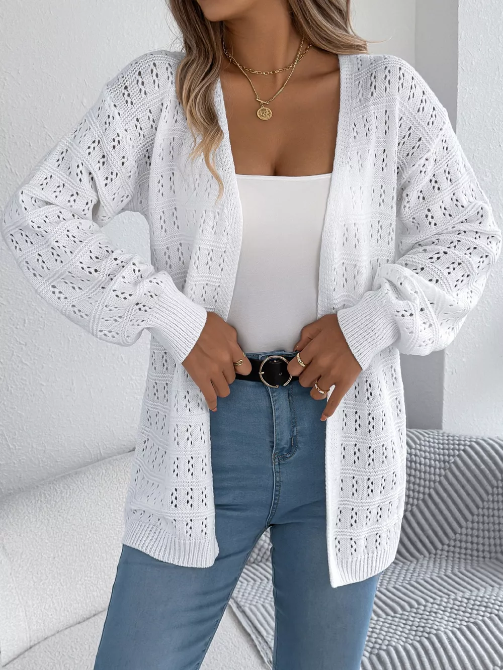 Open-Front Crochet Knit Cardigan, image 7