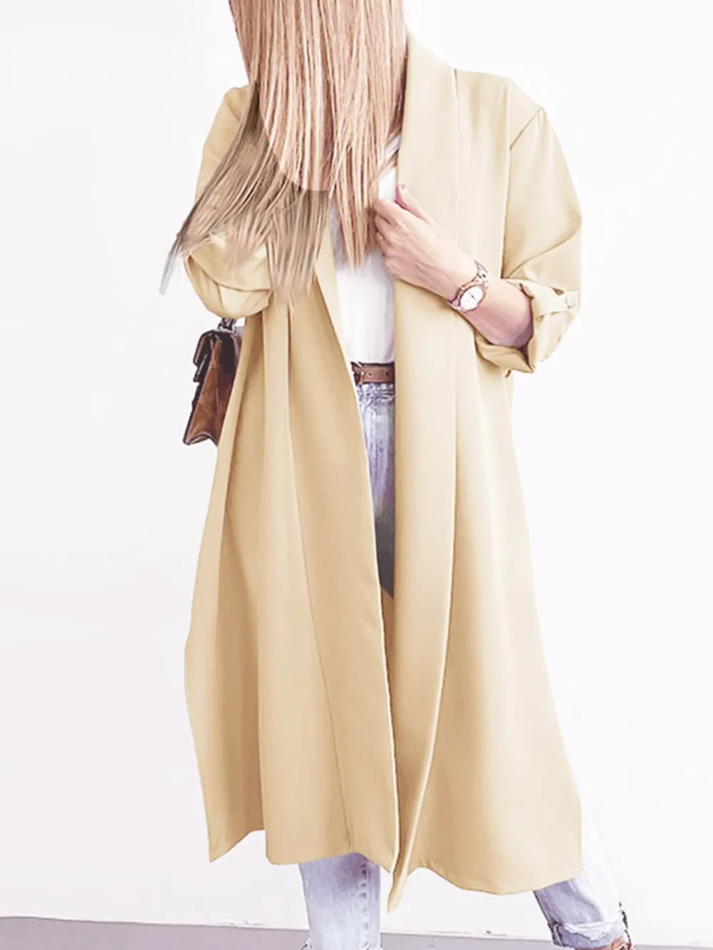 Slit Open Front Roll-Tab Sleeve Trench Coat, image 5
