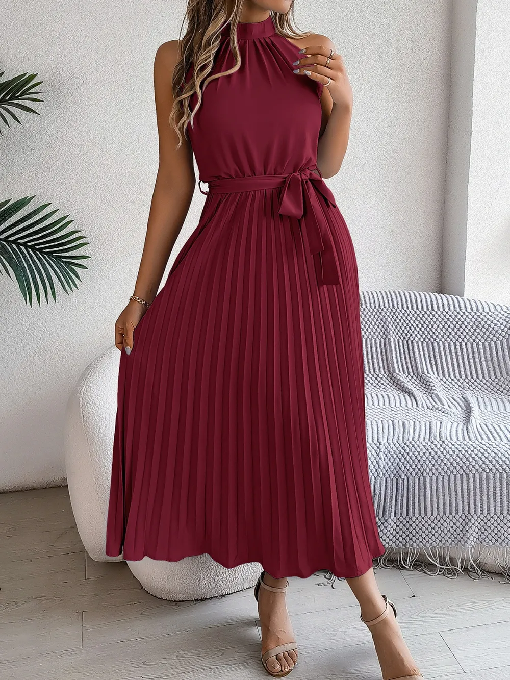 Pleated Tie Waist Sleeveless Midi Dress, image 13