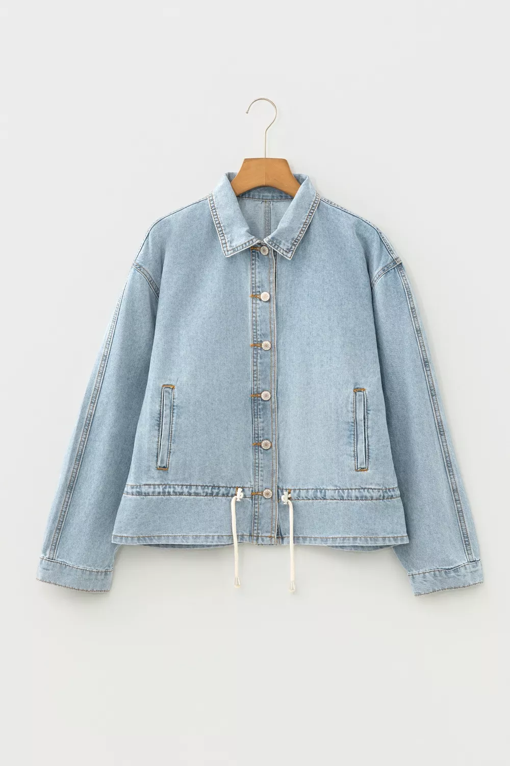 Draw-cord Hem Light Wash Denim Jacket, image 3