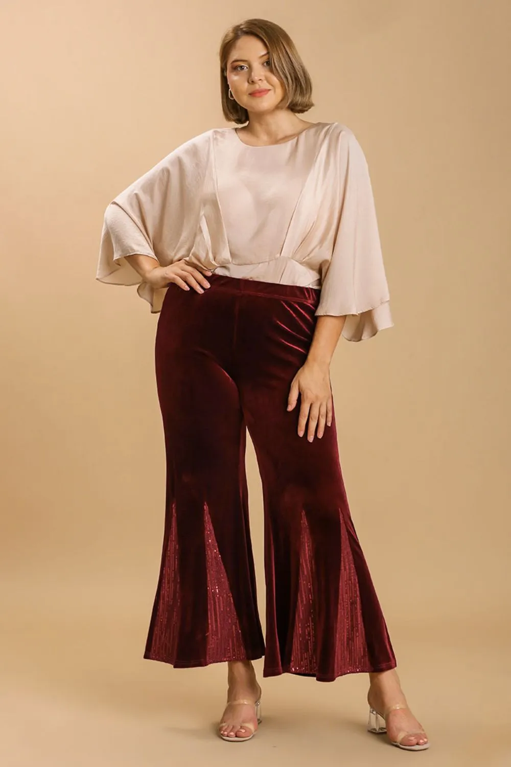 Full Size Sequin Elastic Waist Velvet Stretch Flare Leg Pants Plus Size, image 6