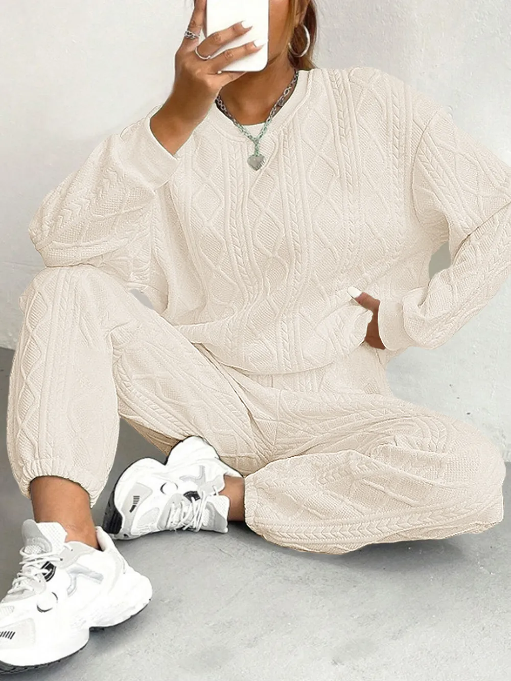 Texture Round Neck Top and Pants Set, image 12