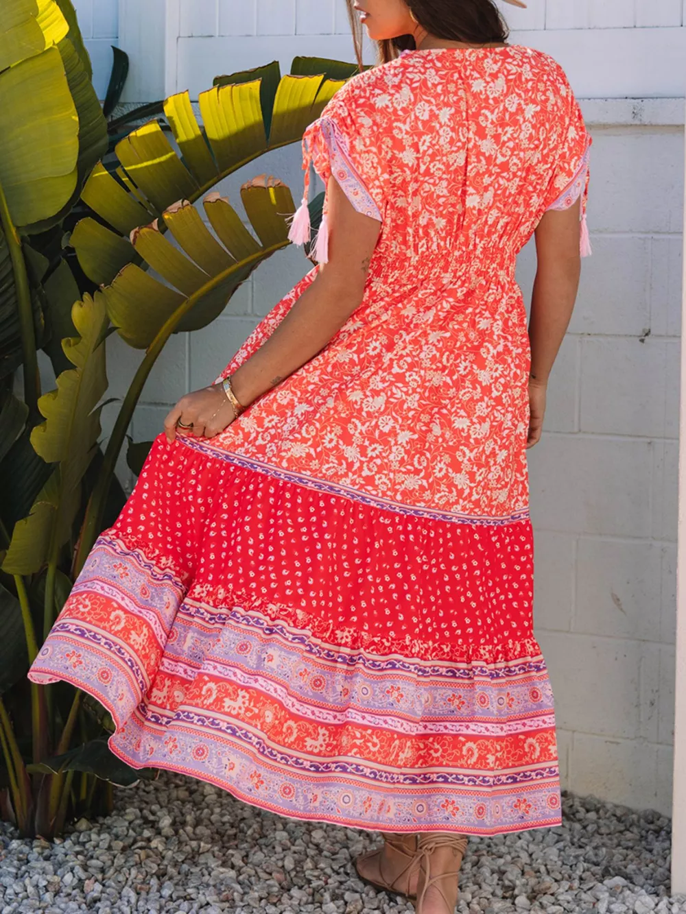 Floral Print Tasseled Tied Sleeve Empire Waist Dress, image 3