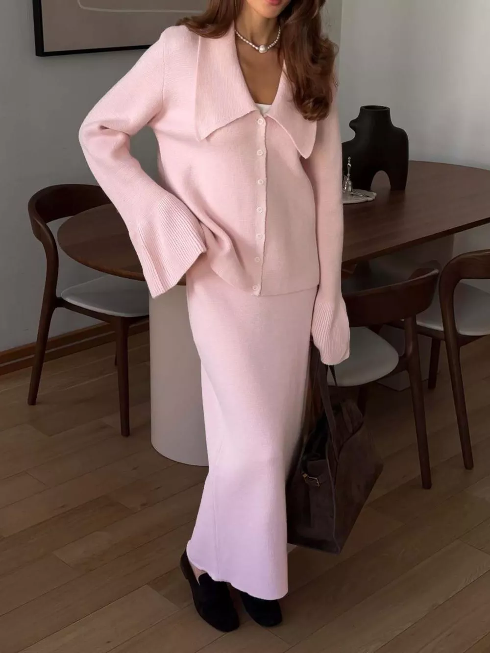 Button Down Long Sleeve Cardigan and Skirt Knit Set, image 15
