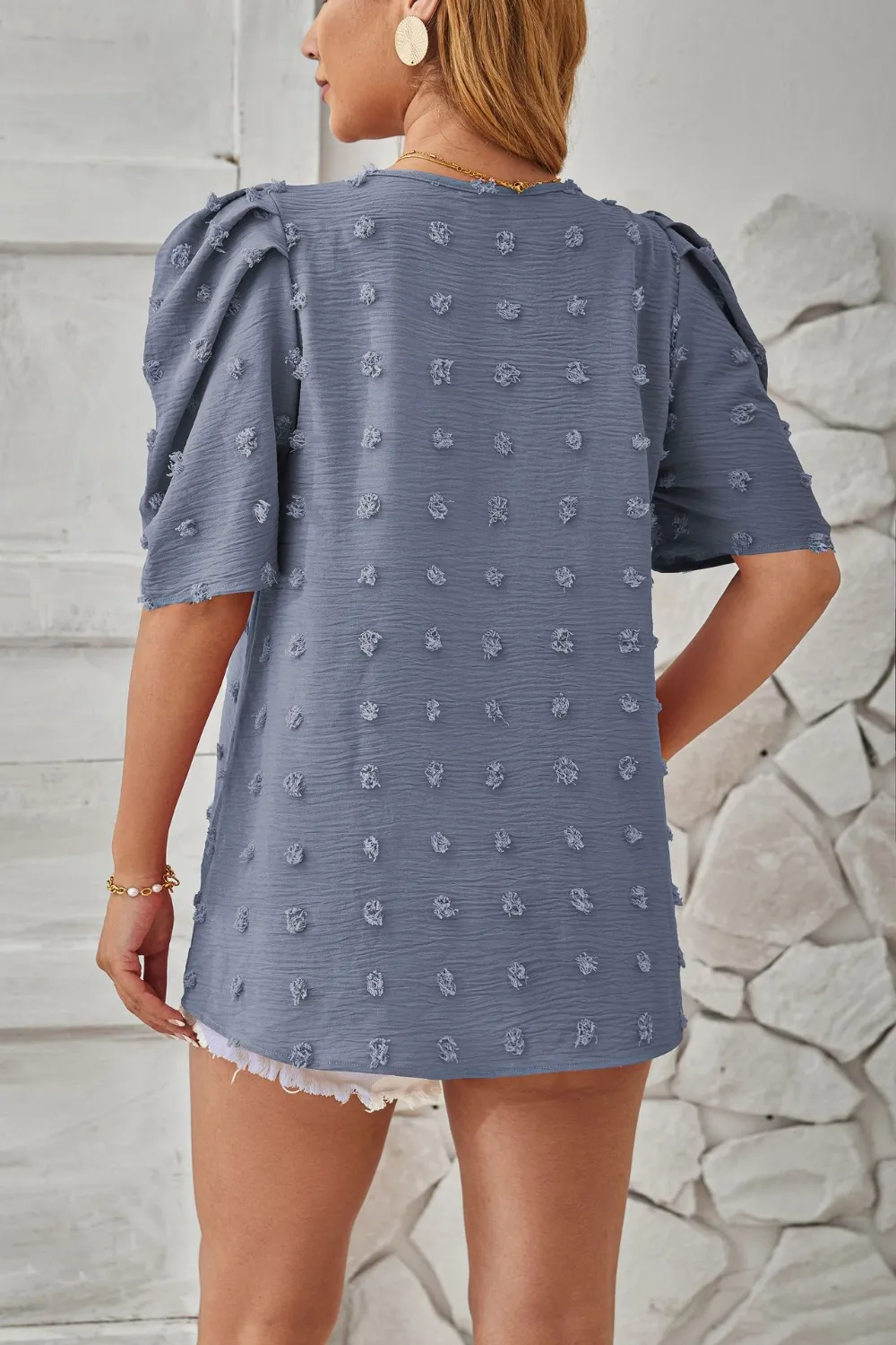 Swiss Dot Round Neck Short Sleeve Blouse, image 10