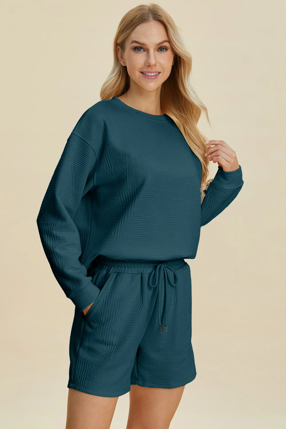 Full Size Texture Round Neck Long Sleeve Top and Shorts Set, image 4