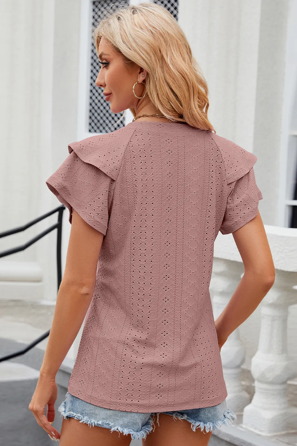 Eyelet Notched Flutter Sleeve T-Shirt, image 17