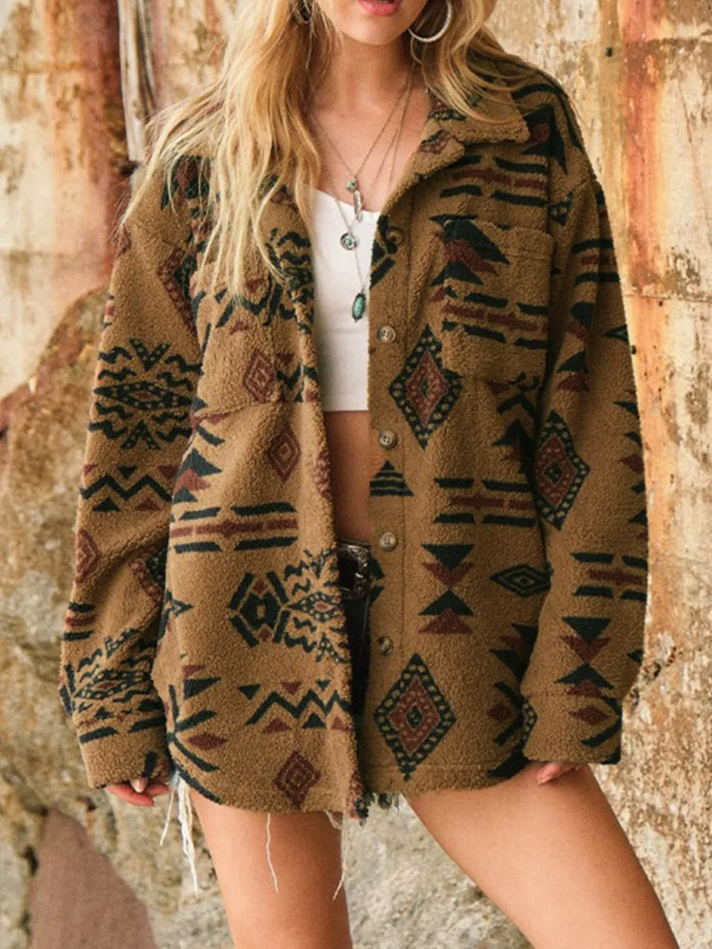Geometric Button Up Long Sleeve Sherpa Jacket, image 5