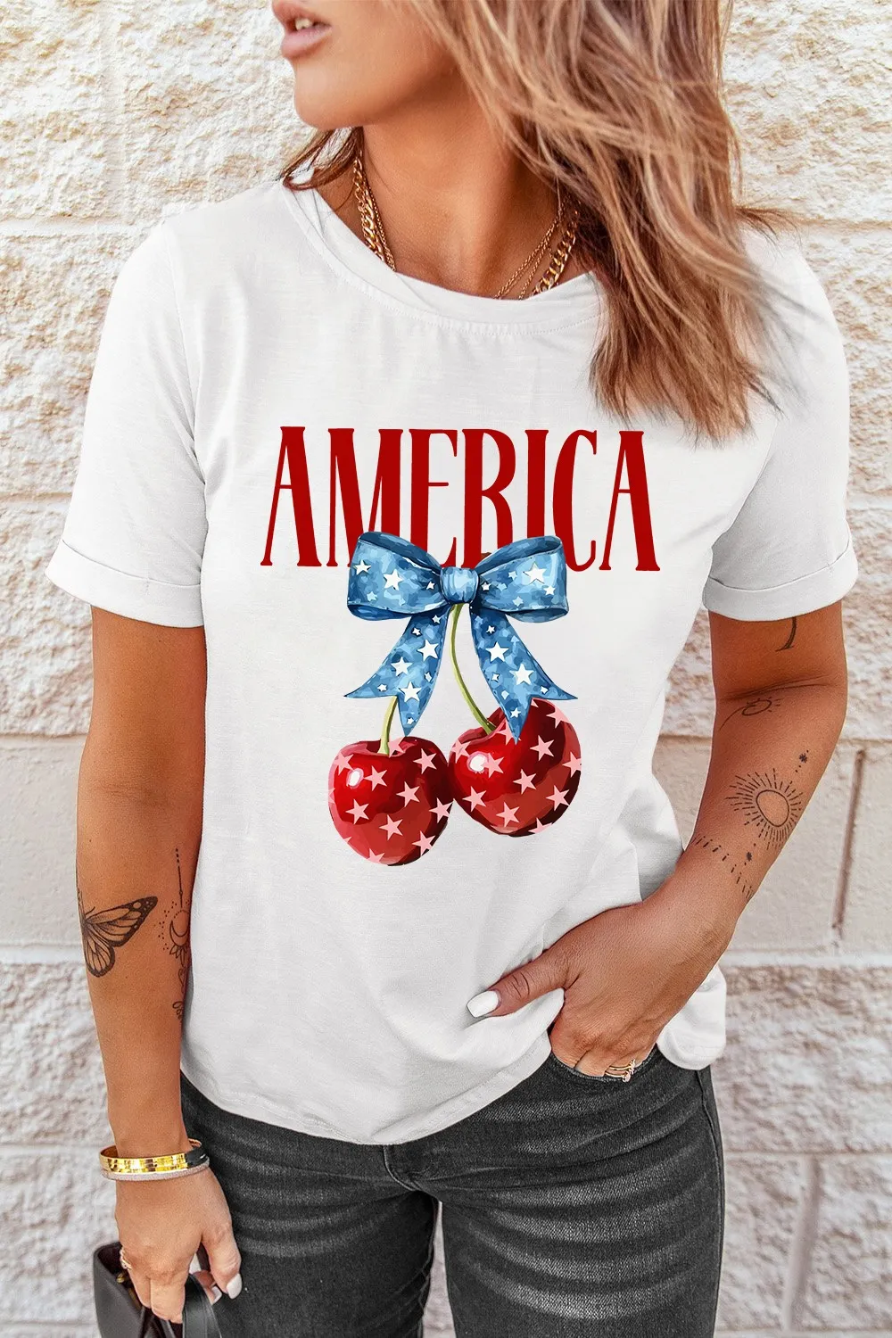 AMERICA Bow Cherry Crewneck T Shirt