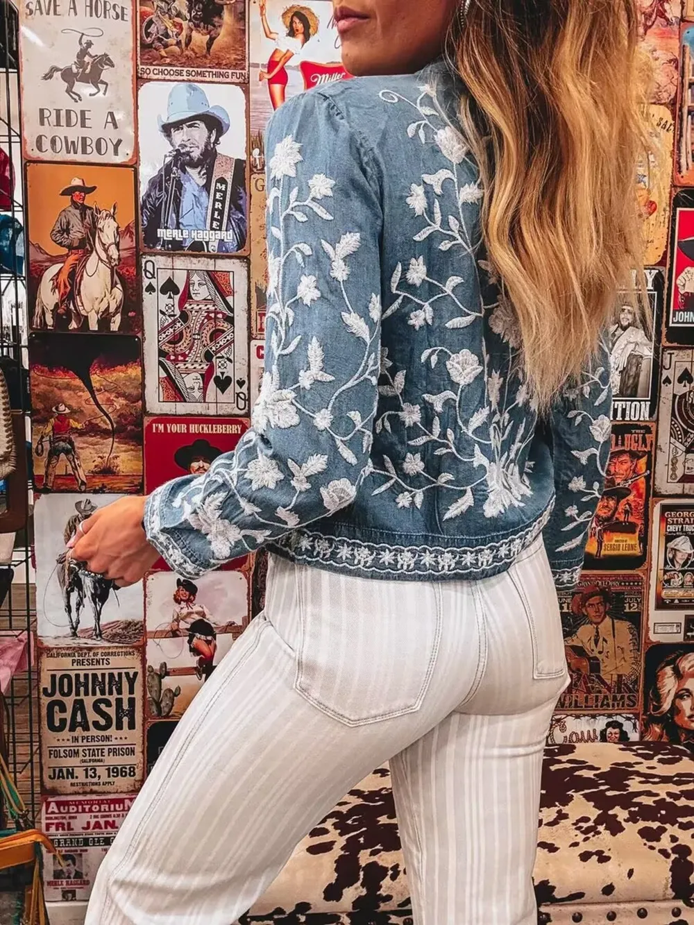 Floral Embroidered Button Up Denim Shirt, image 6