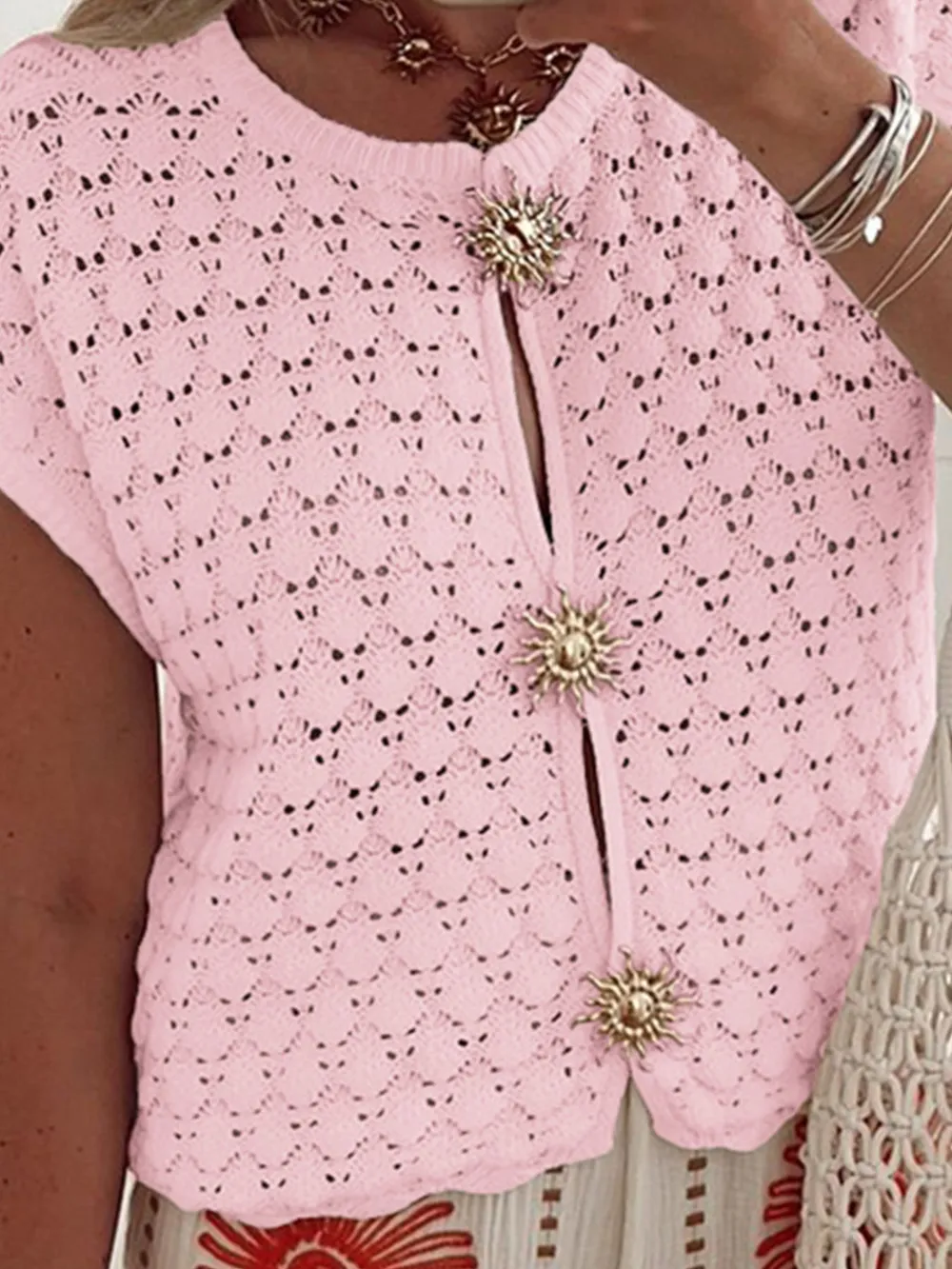 Crochet Short Sleeve Button Front Cardigan, image 12