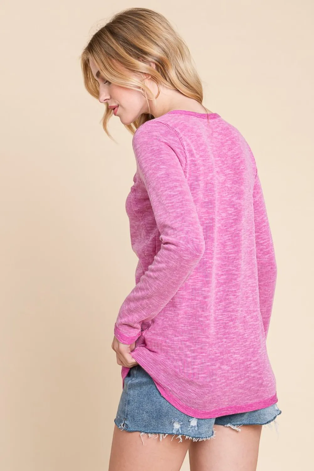 Contrast Trim Half Button Long Sleeve T-Shirt, image 2