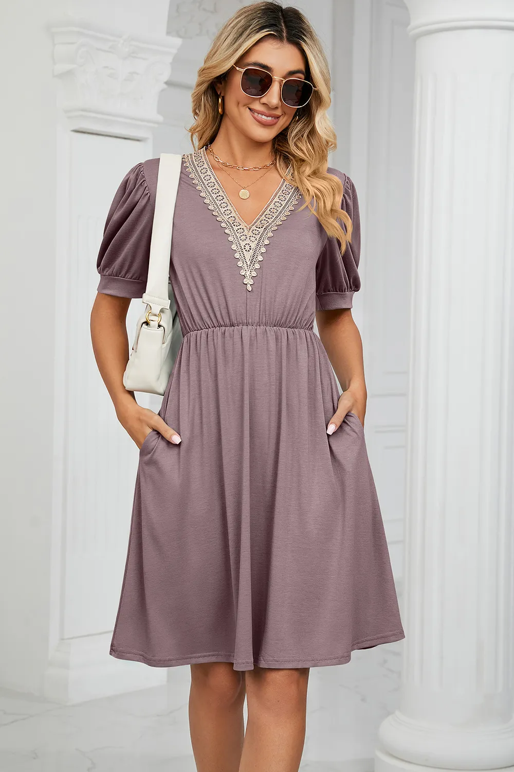 V-Neck Puff Sleeve Dress, image 25