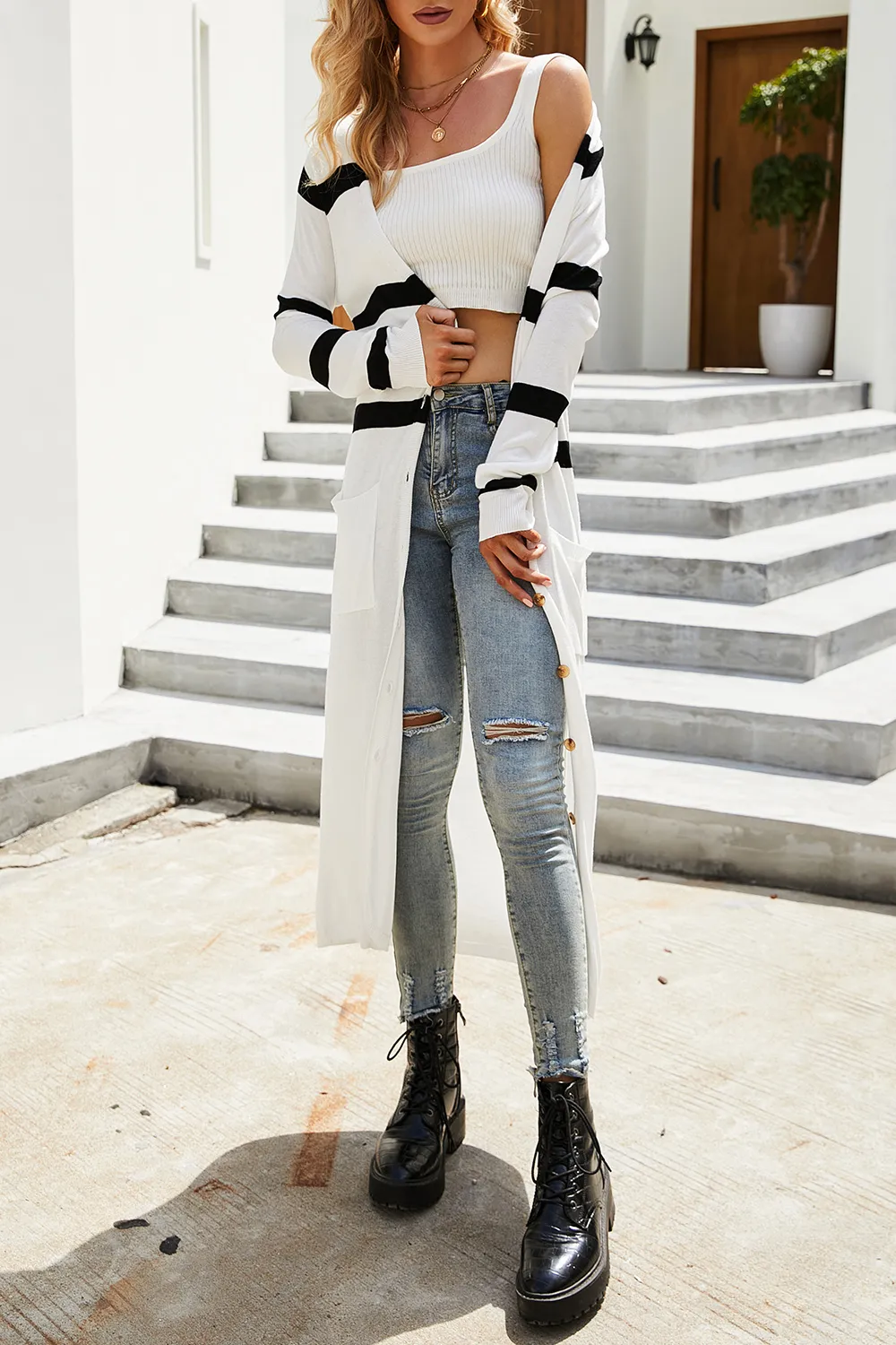 Pocketed Striped Button Up Cardigan, image 5