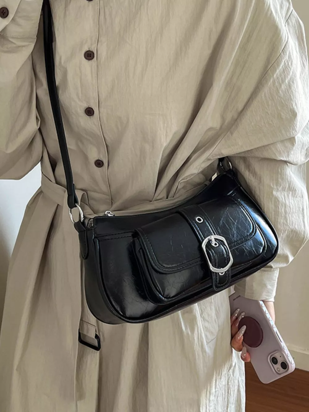 Buckle Detail Faux Leather Crossbody Bag, image 8
