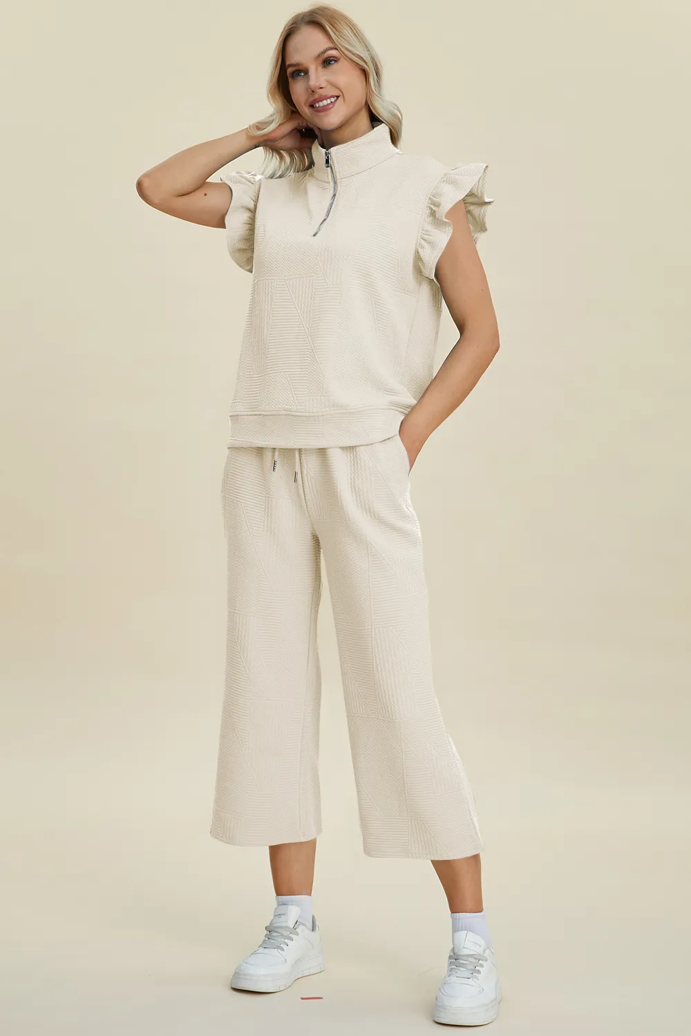 Full Size Texture Ruffle Short Sleeve Top and Wide Leg Pants Set, image 26
