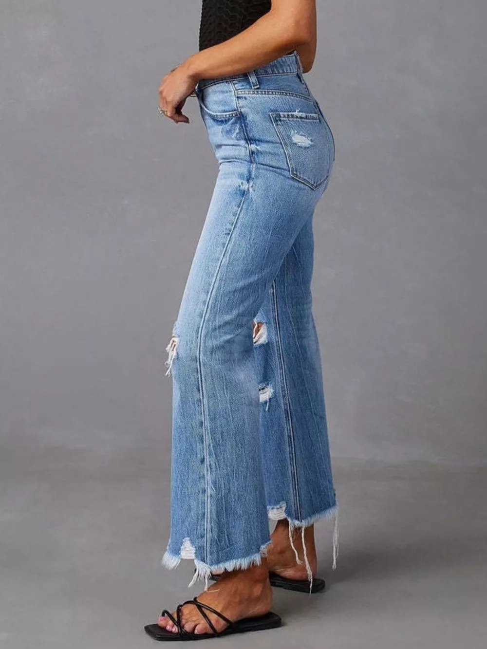 Distressed Raw Hem Flare Jeans, image 4
