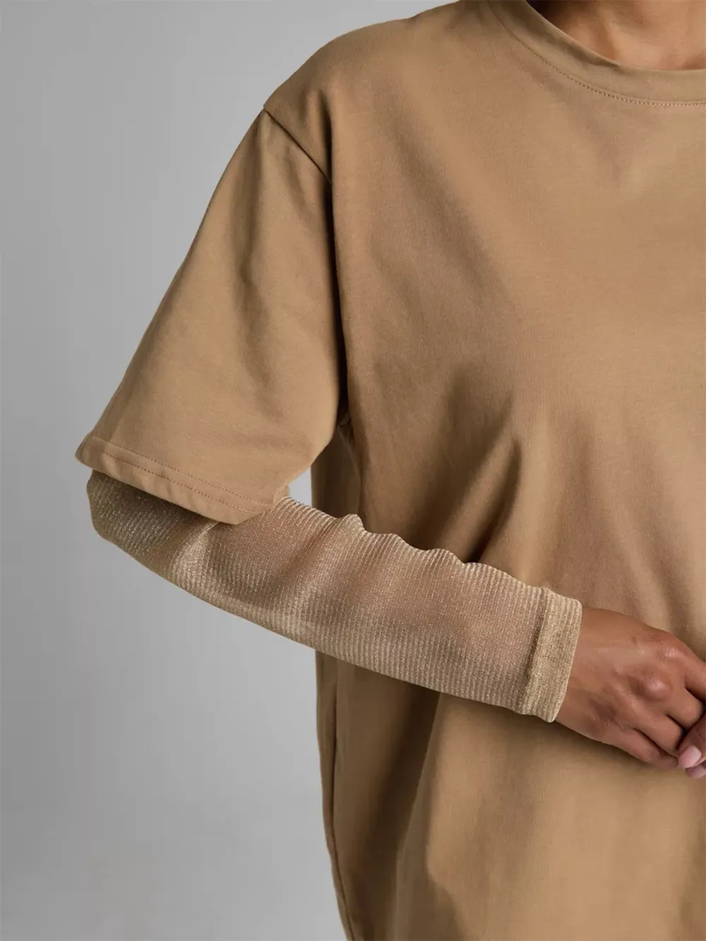 Faux Layered Round Neck Mesh Sleeve Top, image 15