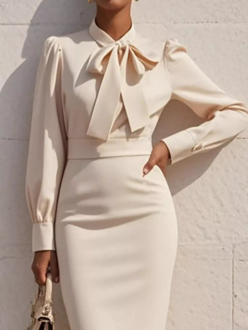 Bow Tie Neck Long Sleeve Bodycon Dress, image 6