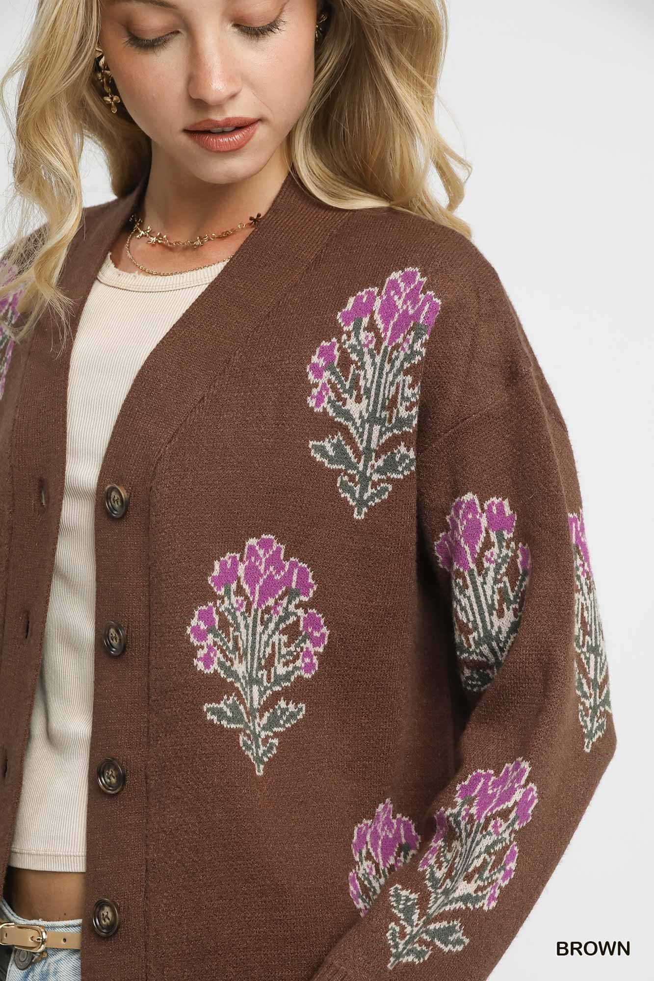 Single Flower Stem Jacquard Cardigan Sweater, image 5