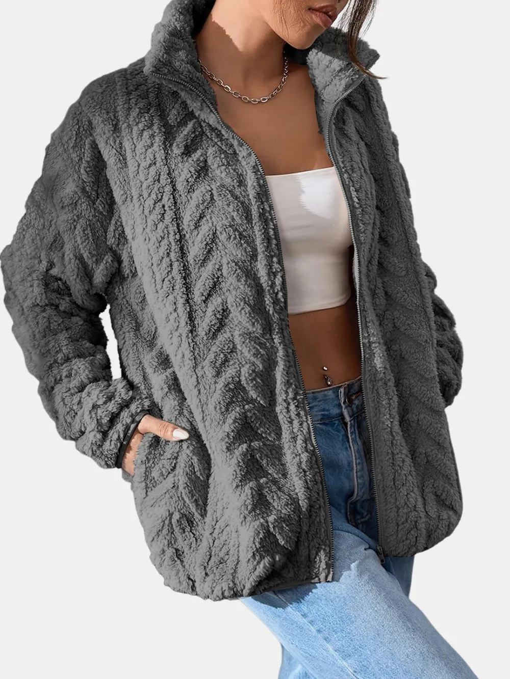 Fuzzy Zip Up Long Sleeve Jacket, image 6