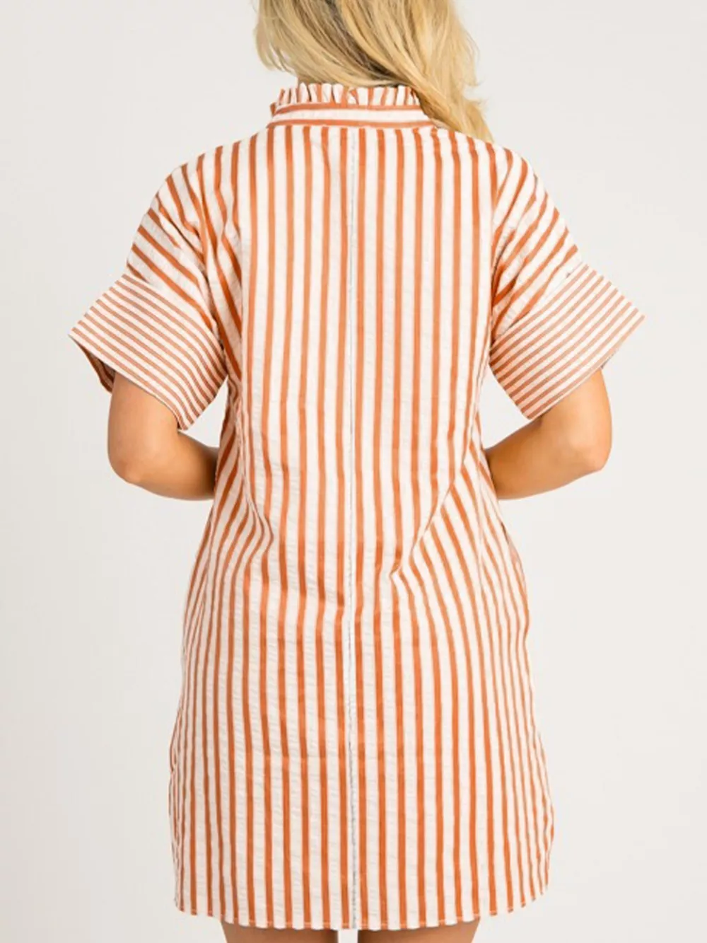 Stripe Pinched V Neck Turn-up Cuffs Shift Mini Dress, image 2