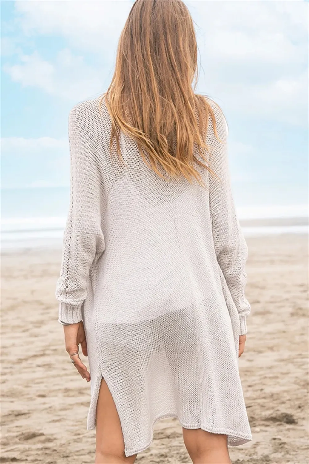 Openwork Side Slit Open Front Long Sleeve Cardigan, image 4