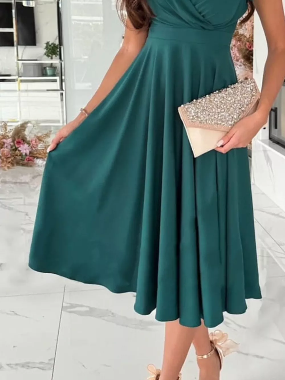 Surplice Short Sleeve Midi Dress, image 3