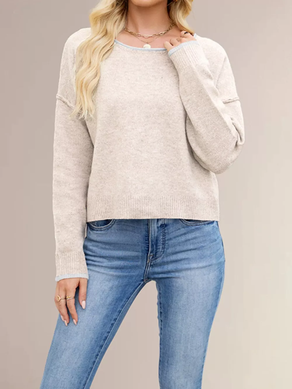 Contrast Trim Dropped Shoulder Sweater, image 8