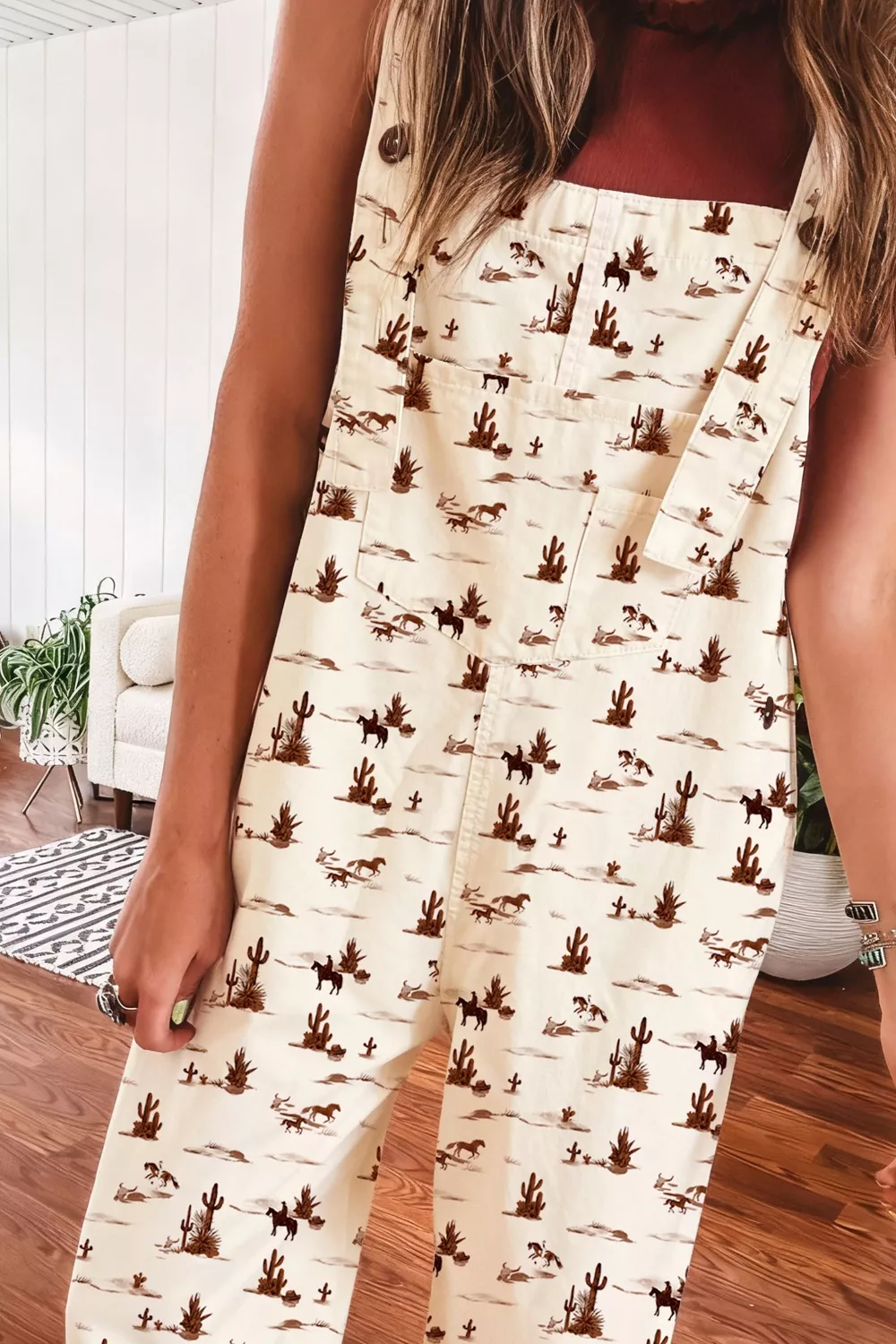 Western Printed Button Adjustable Straps Loose Jumpsuit, image 2