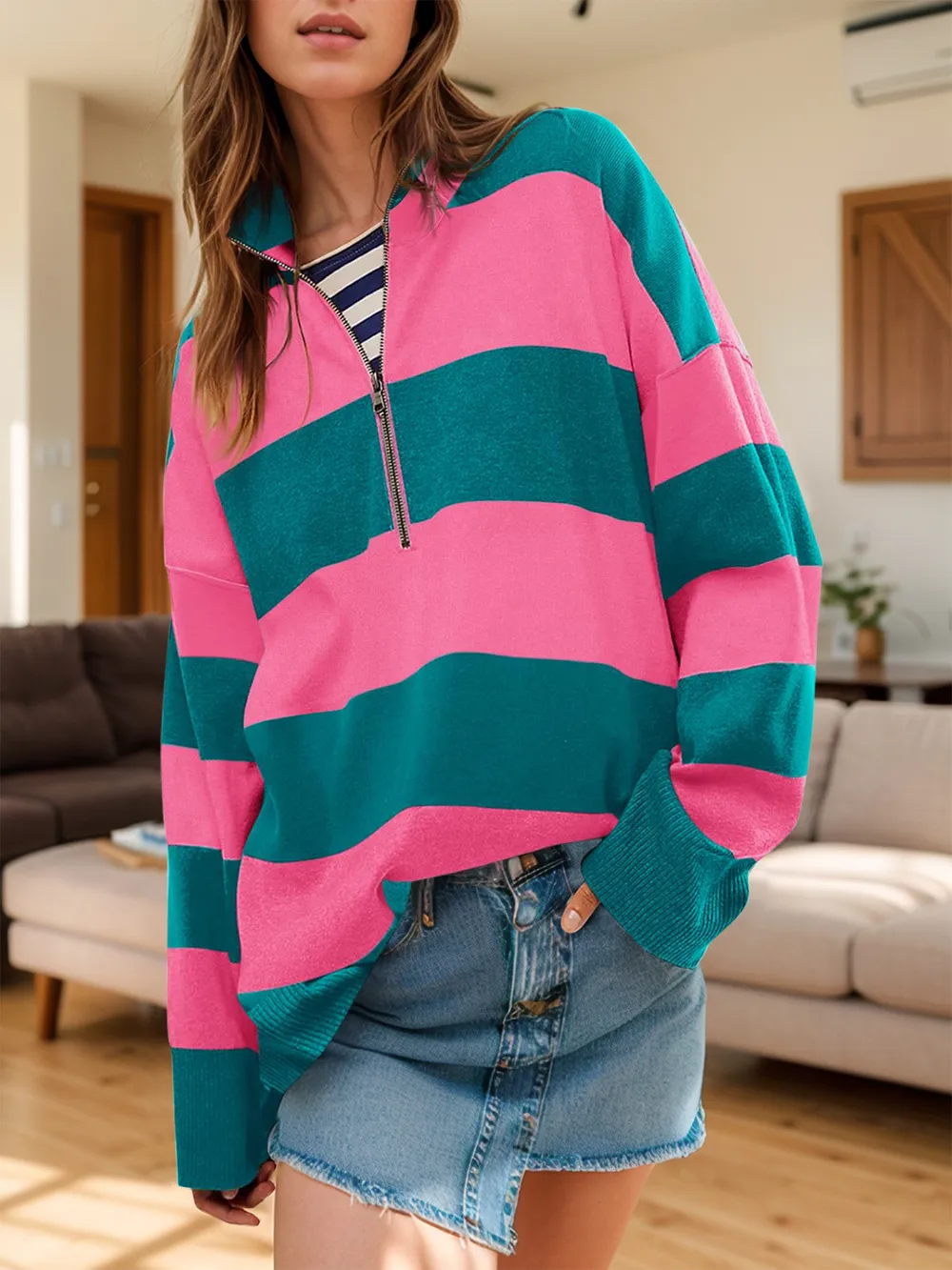 Color Block Half Zip Long Sleeve Sweater, image 2