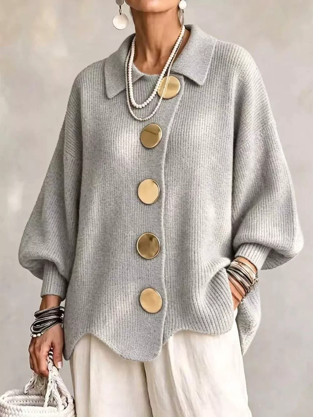 Full Size Gold Buttons Lantern Sleeve Cardigan Plus Size, image 22