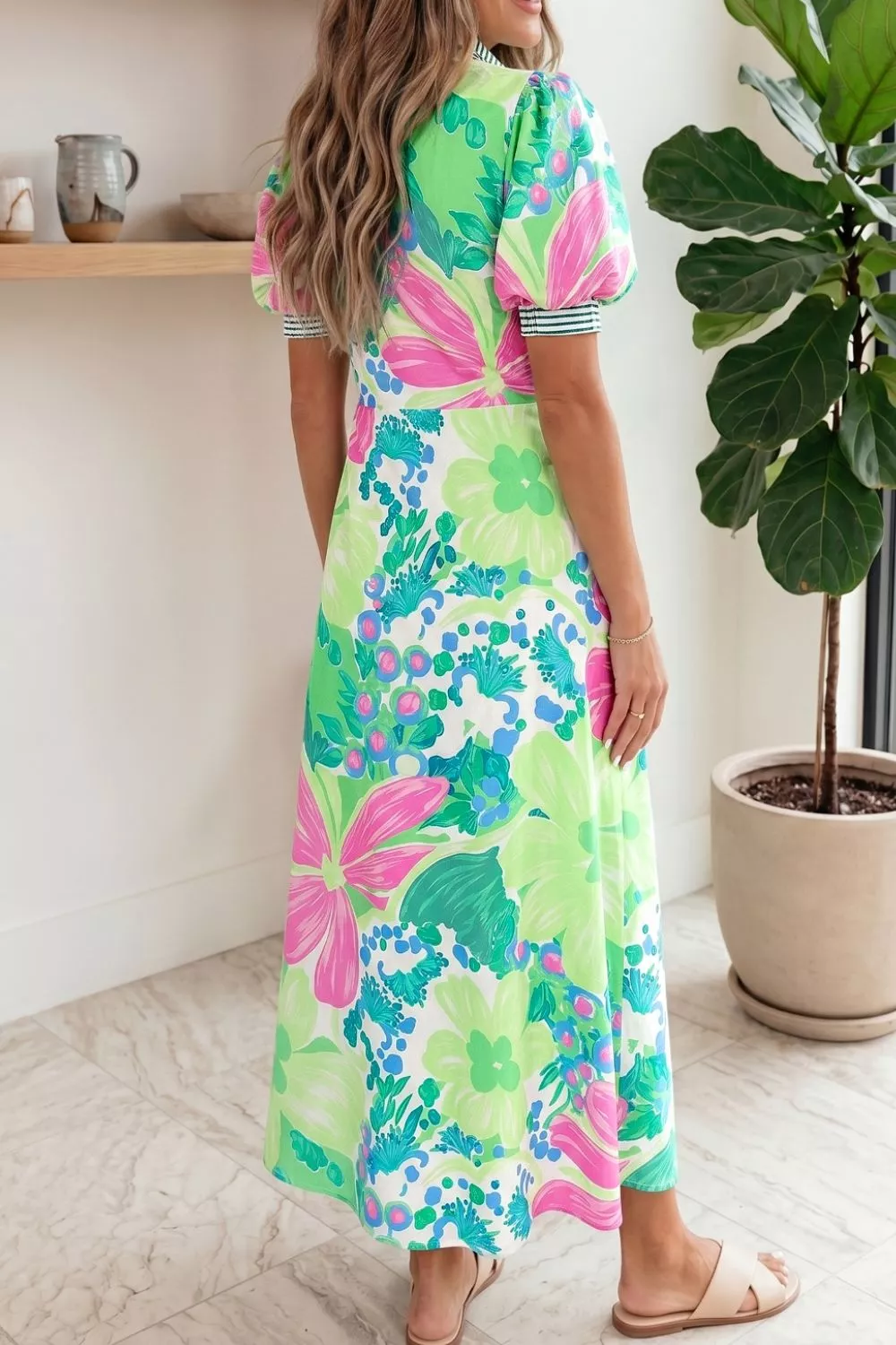 Floral Print Button-Up Midi Dress with Puff Sleeves, image 2