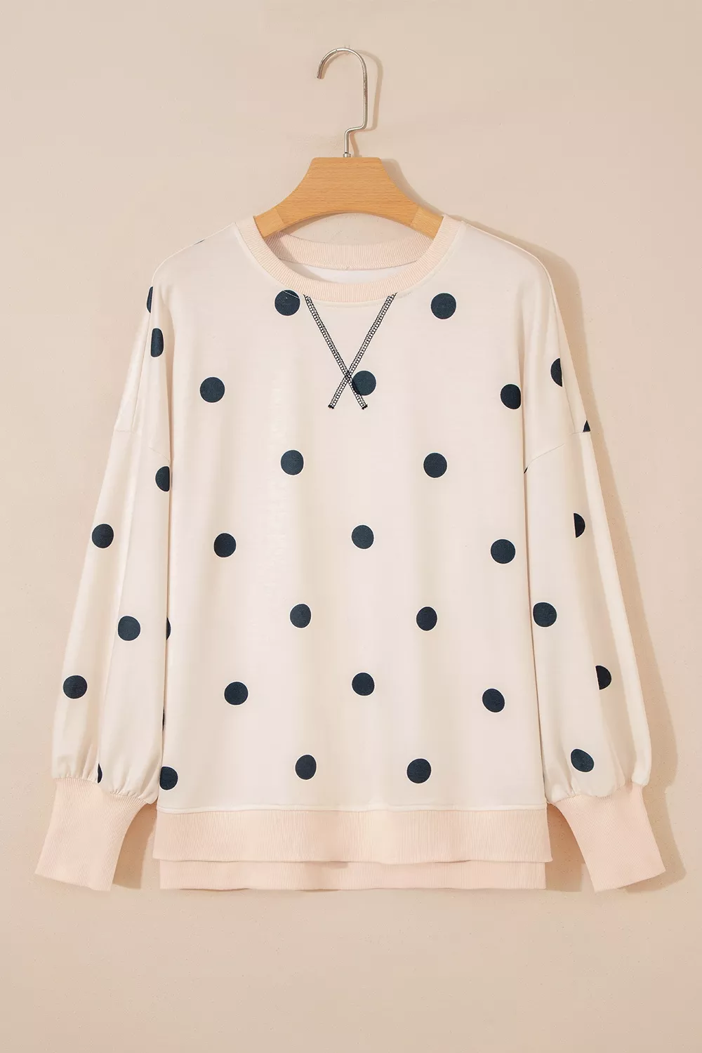 Loose-fit Long Sleeve Round Neck Polka Dot Tunic Sweatshirt, image 8
