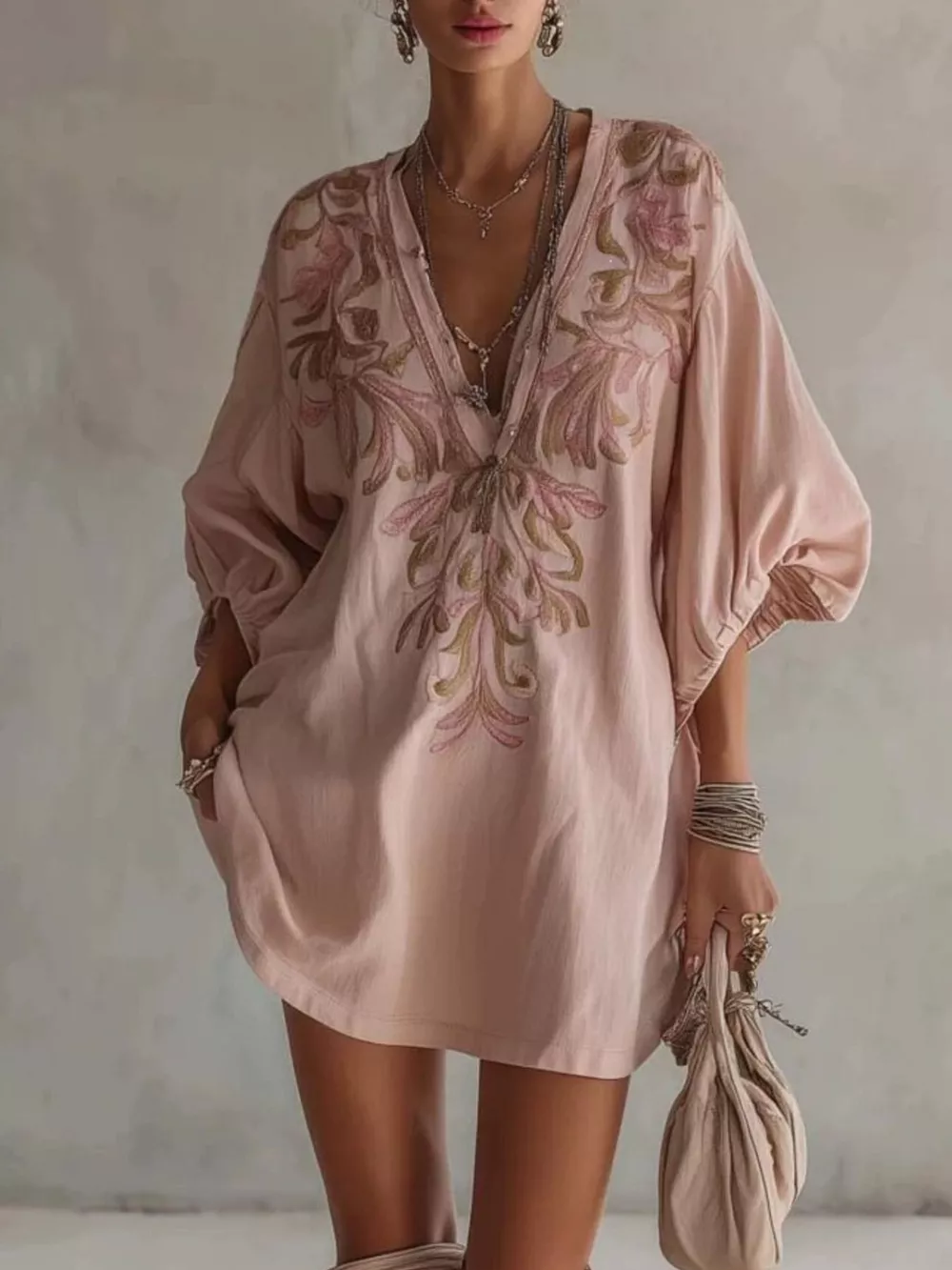 Full Size Embroidered V-Neck Mini Dress Plus Size