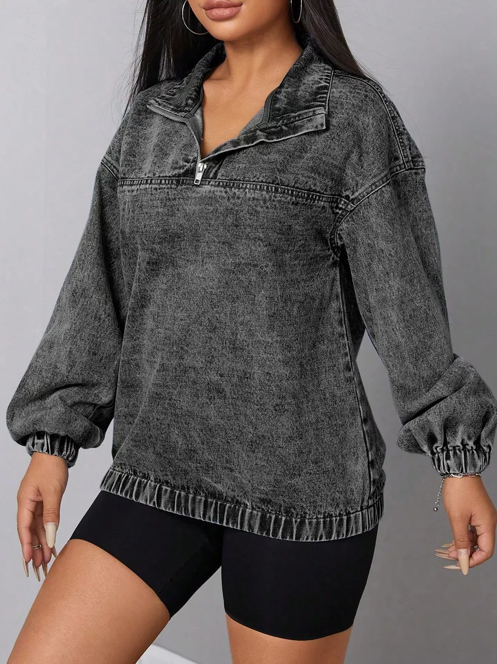 Elastic Hem Quarter Zip Denim Top, image 3