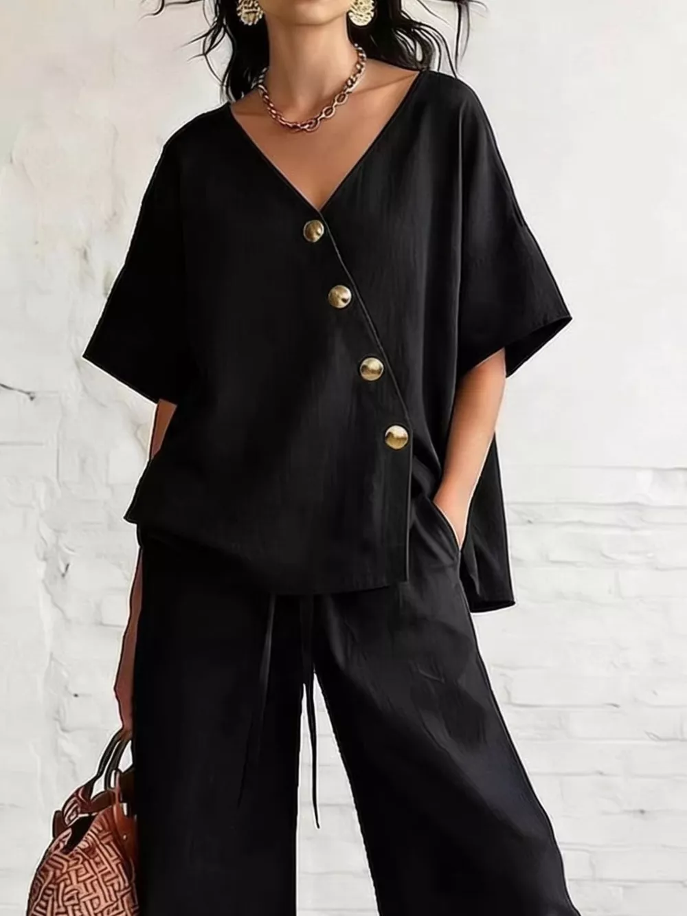 Full Size Surplice Half Sleeve Top and Wide-Leg Pants Set Plus Size, image 6